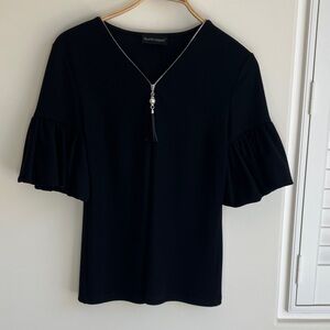 FRANK LYMAN Black Flared Sleeve Blouse w/ Bauble/Tassel Zip Pull Women’s Medium